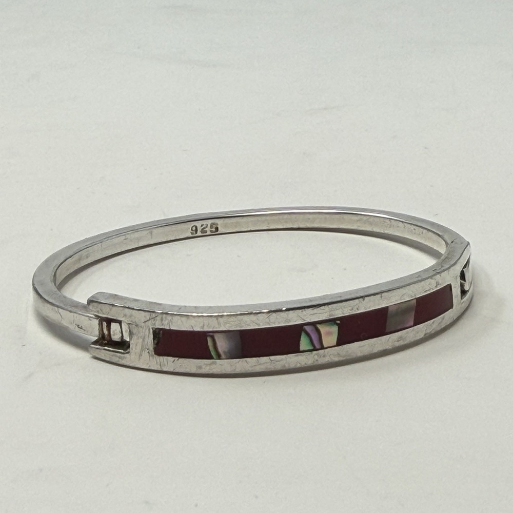 Vintage Mexico‎ 925 Sterling Silver Abalone Red Shell Inlay Hinged Cuff Bracelet - Picture 3 of 16